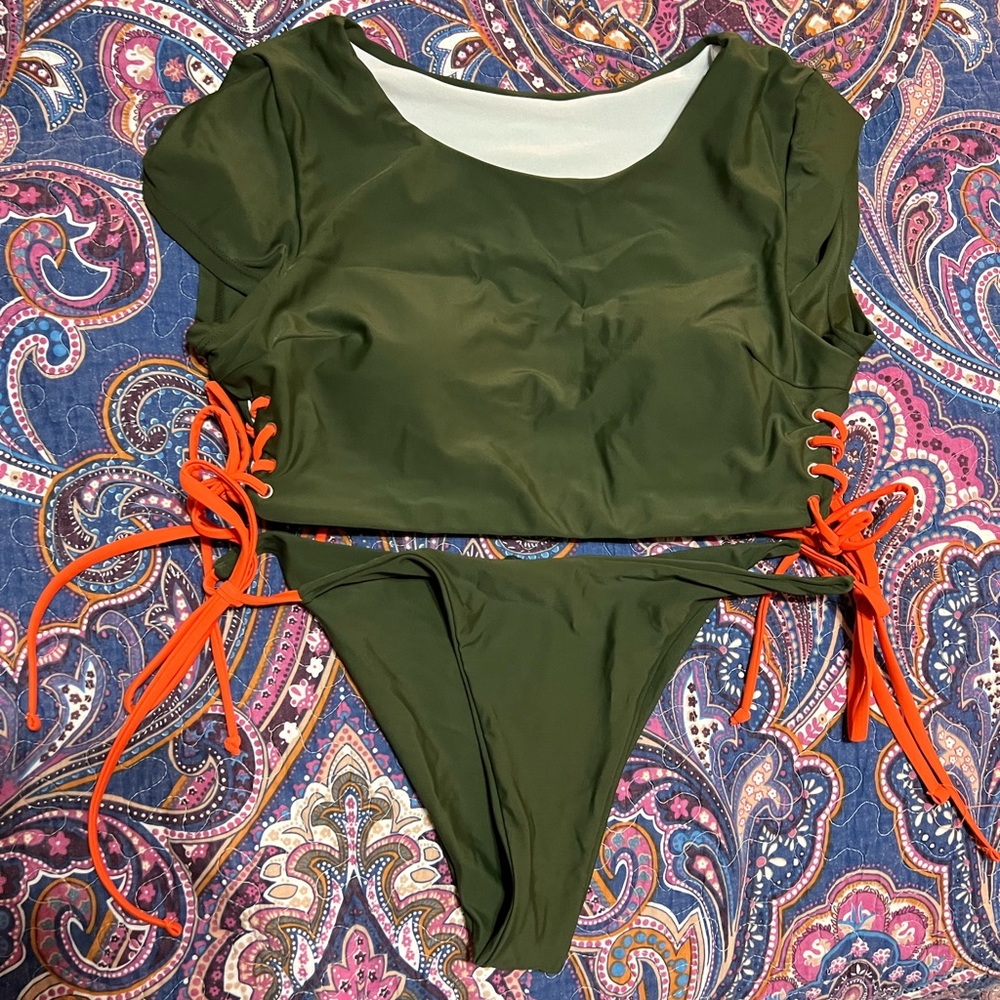 Shein Two Piece swimsuit - olive with orange ties